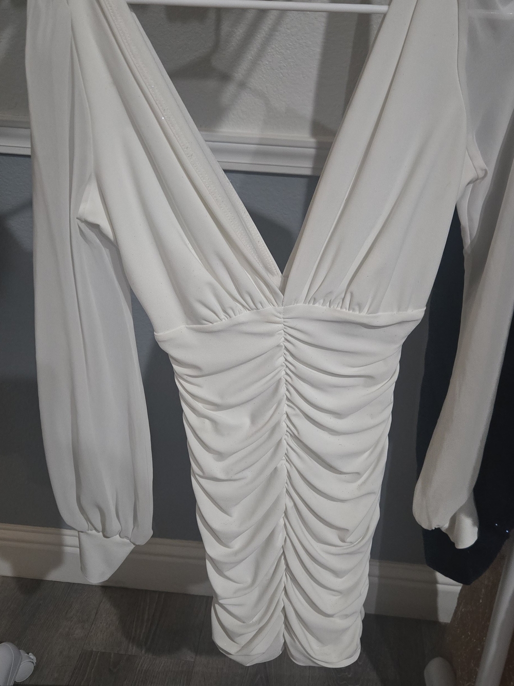 Windsor White Ruched Deep V Long Sleeve Dress
